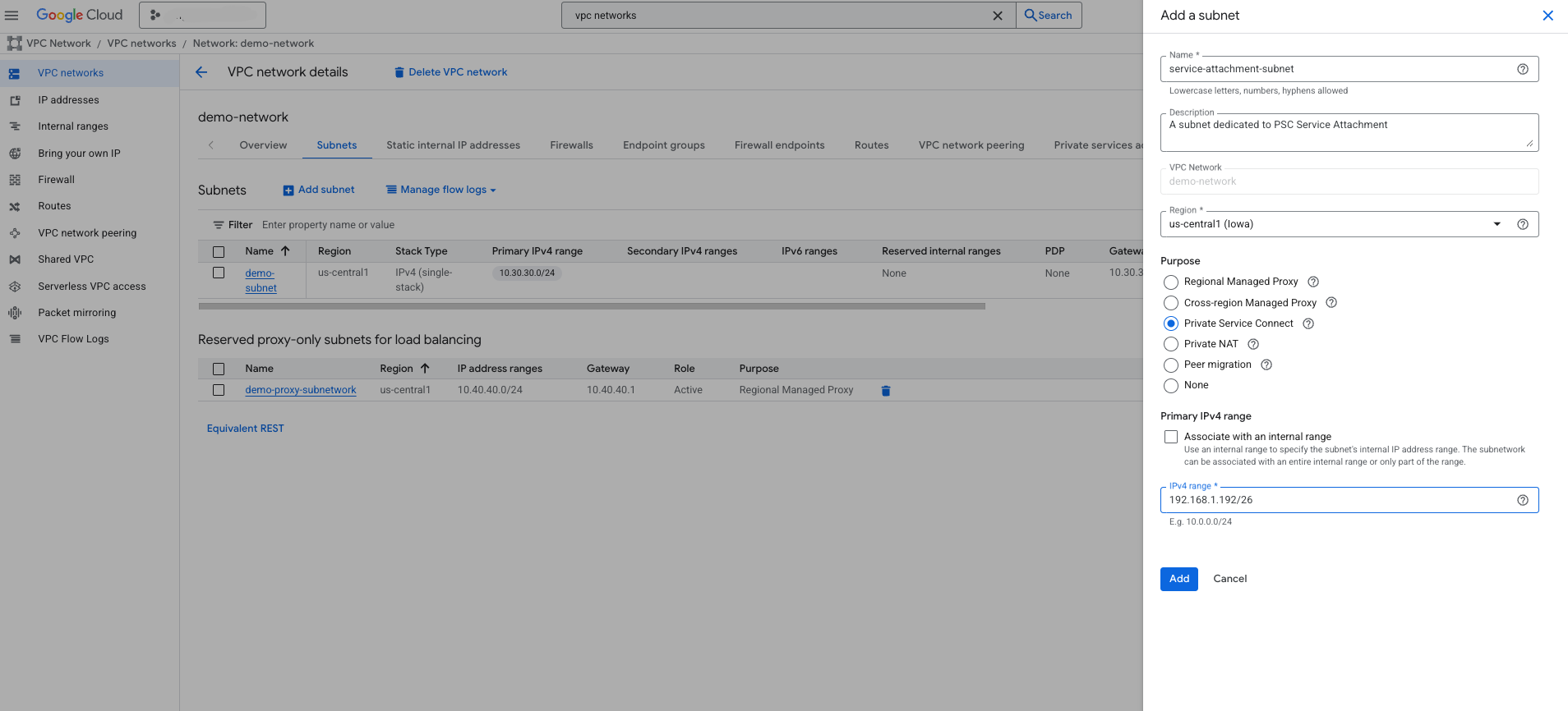 Screenshot of step 6: Subnet creation for PSC Service Attachment Screenshot of step 6: Subnet creation for PSC Service Attachment